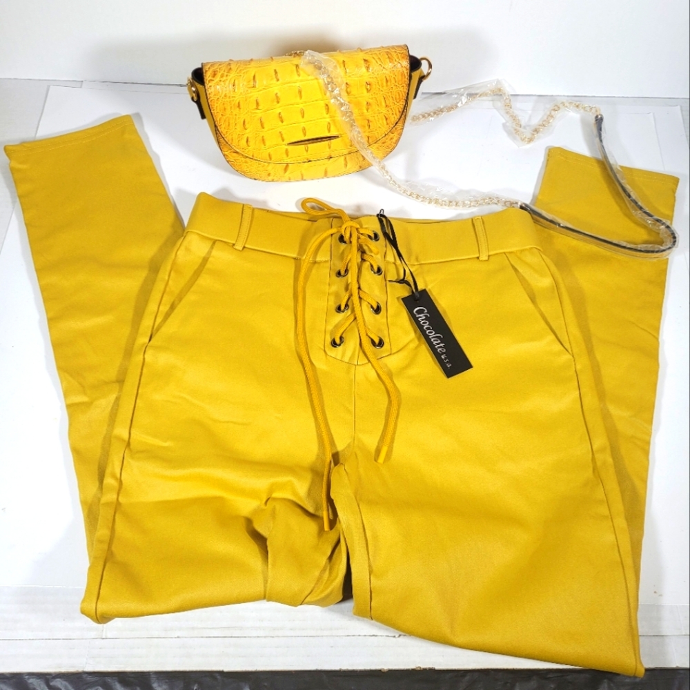 Mustard lace up pant and crossbody purse duo